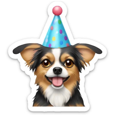 A chihuahua yorkie mix breed dog with floppy ears wearing a birthday hat sticker