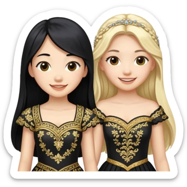 Asian girl black hair and blonde white girl dressed as princesses sticker