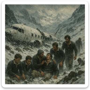 a dramatic scene of a plane crash in snowy mountains with a rugby team, inspired by the Andes survival story, with snow and rugged terrain, intense and emotional atmosphere sticker