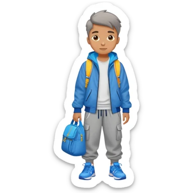 Boy wearing baggy grey joggers, colourful trainers, a blue shell jacket and a sling bag sticker