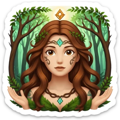 idea moment forest woman long wavy brown hair tattoos glowing rune above head sticker