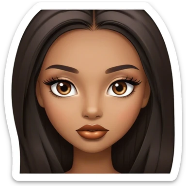 Glamourous, light brown skin tone, very beautiful girl, with big plump shiny lips, long long lashes, black straight smooth silky long hair, straight parting hair, brown eyes sticker