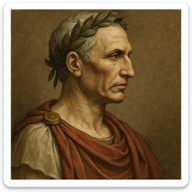 Julius Caesar, Roman general, laurel wreath, ancient Roman attire, iconic profile, historical figure sticker