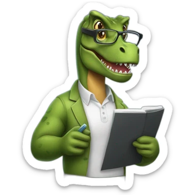a tyrannosaurus rex therapist holding a notebook wearing glasses sticker