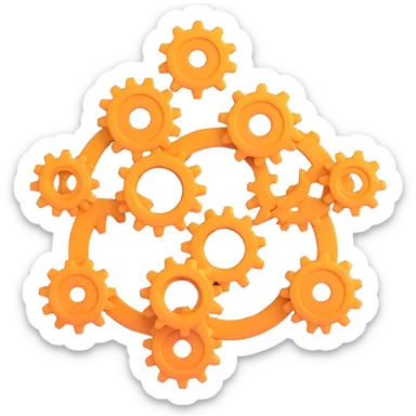 gear icon with interconnected nodes forming a workflow sticker