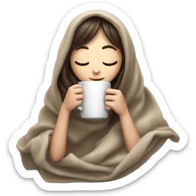 White brunette girl with bangs inside a blanket sipping coffee eyes closed sticker