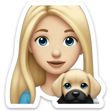 girl with straight blonde hair and blue eyes holding an entirely black fluffy puppy sticker