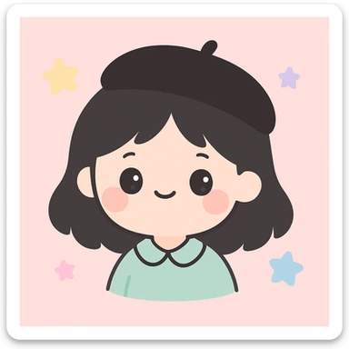 a girl with dark hair and a black beret, cute cartoon style sticker
