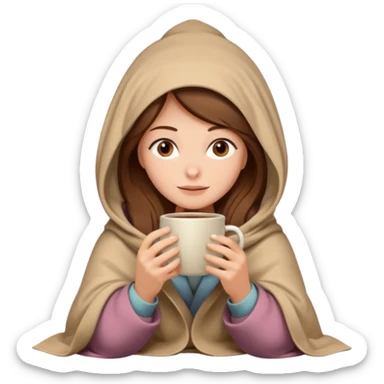 brown hair woman sitting under beige blanket, with a blanket over his head, holding cup of coffee, autumn mood sticker