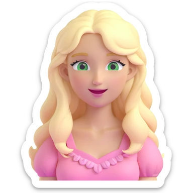 a 3d IOS realistic style emoji of a blonde with long hair and swamp eyes in a pink pastel dress winking sticker
