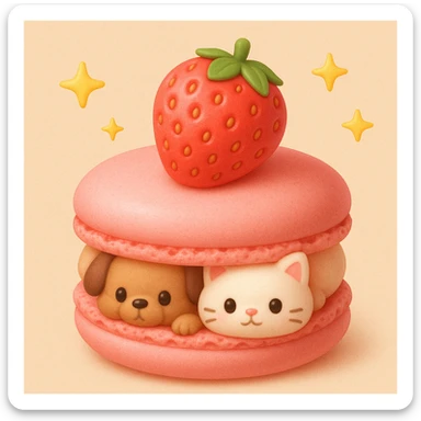 A pink macaron with a strawberry on top, two animals peeking out, light peach background with yellow stars, detailed texture, 3D iOS style. sticker