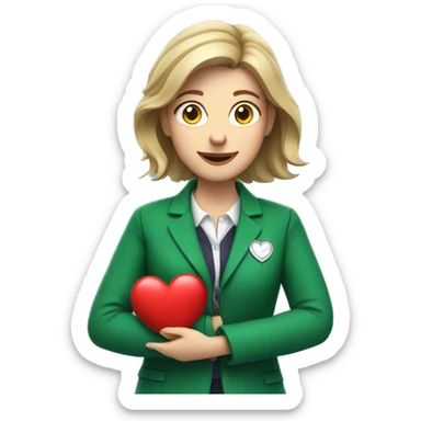 A European female teacher in a green jacket holds a heart in her hands sticker