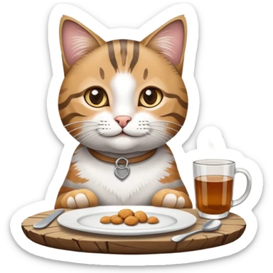 grau weiße Katze auf Tisch mit einem Teller Frikadellen vor sich sticker