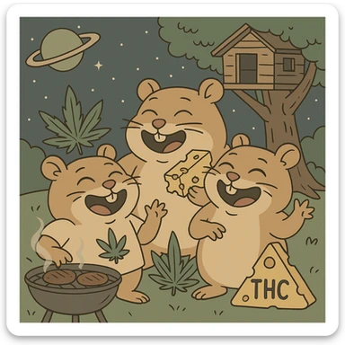 Discord server icon, 512x512 px, square format, summer pool cookout scene with up to 3 hamsters laughing and having a good time, weed leaf, cheese, and THC theme, near a treehouse, in space. Flat toon style, soft but colorful, bold outlines, nostalgic, fun, inviting, summer party vibe, clear composition, less vibrant colors, crisp details, designed to look good even at tiny size. sticker