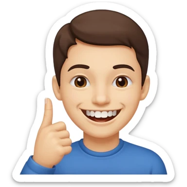 Con una sonrisa en la cara mientras muerde la punta del dedo indice en la boca son sus dientes sticker