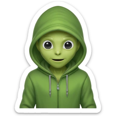green alien in gray hoodie full height, wear hoodie hat, happy sticker
