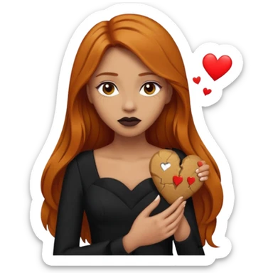  woman light olive skin long ginger hair dark make up holding a broken heart black dress sticker