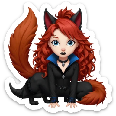  long curly red hair (darker), red pointed ears with black trim, black goth outfits, body and face human, blue eyes, more pointy chin, black lipstick, big fluffy red squirrel tail with black tips, like the attached photo with more outfits and poses,  sticker