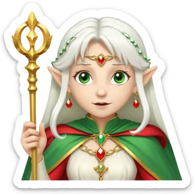 an elf with very white hair and two long PONYTAILS on the side of her head, she has a curtain bang, green eyes, she has a white cape with golden borders and a scepter with a red orb, she has earrings that look like red drops sticker