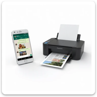 realistic thumbnail for a WhatsApp print out service, with a smartphone on the left showing WhatsApp chat containing images and documents, and a printer on the right printing out both photos and documents, clean white background sticker