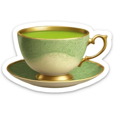 An antique beige tea cup with a vintage pattern and a gold rim, filled with creamy green matcha, steam rising softly above it. sticker