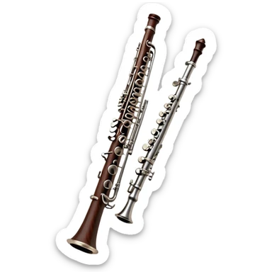 Cinematic Realistic Oboe, slender and elegant dark wood body, silver-plated keys catching soft highlights, delicate reed resting at the top, glowing with refined and classical beauty. sticker