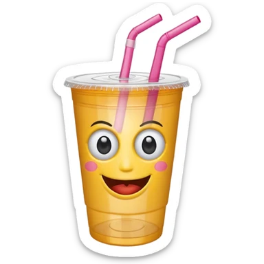 drink in a plastic cup and straw, the cup has eyes and mouth sticker