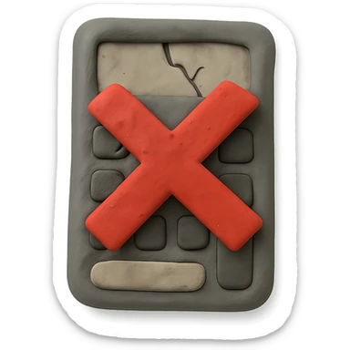 claymation style broken calculator with a big red cross sticker