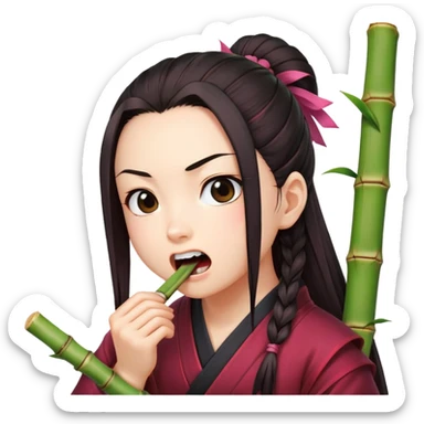 Nezuko with determined expression actively biting on bamboo piece in her mouth, teeth gripping the bamboo sticker