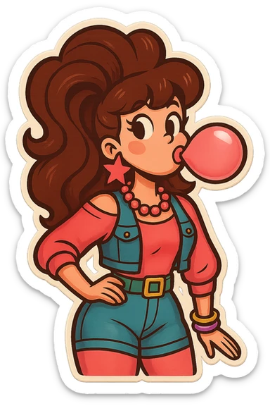 Change the hair color to brunette while keeping the cheerful valley girl style with big hair, bubblegum, and 1980s fashion. sticker