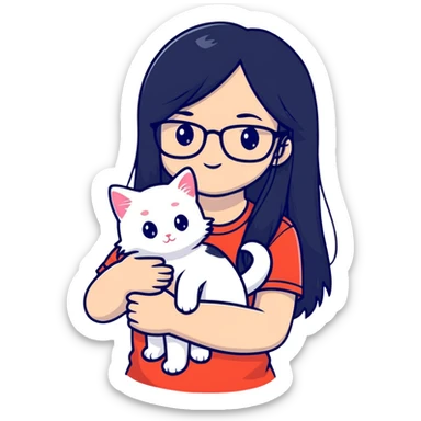 Beautiful girl with long black hair and glasses holding a white kitten sticker