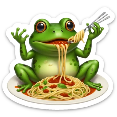 A giant frog with a giant mustache eating spaghetti  sticker