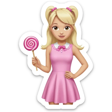 Emma Bunton with long blonde ponytails wearing light pink body dress holding a lollipop sticker