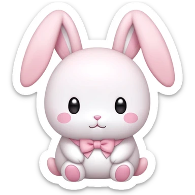 A pudgy bunny in authentic Sanrio style exactly like My Melody, two long floppy ears, round face, very minimal facial features with just simple eyes and tiny mouth, tiny spikes, light pink and white colors, small bow, ultra kawaii and simple sticker