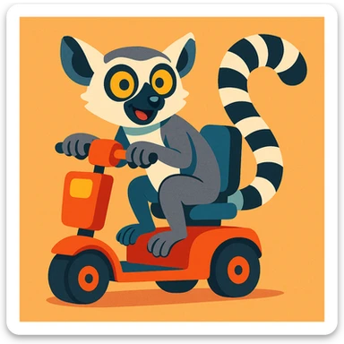 ring tailed lemur riding a mobility scooter, vibrant cartoon style sticker