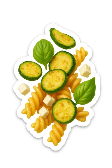 EMOJI STILE IPHONE DI Pasta di riso con zucchine, basilico e feta cade verticalmente, iperrealistica 4k sticker