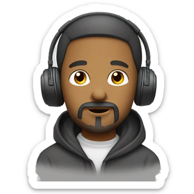 A man with goatee style of facial hair, with headphones on his ears and he got a hoodie sticker