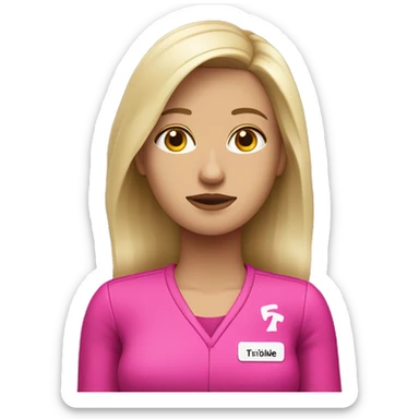 Mujer vestida con cabello rubio, piel blanca vestida con uniforme de T-Mobile, con cara triste sticker