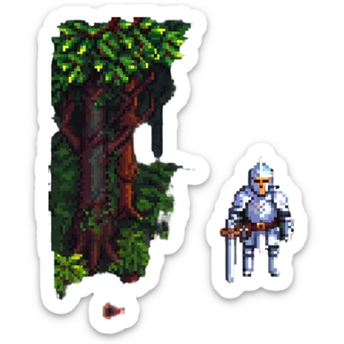 A pixel art style game scene featuring a knight in a forest. sticker