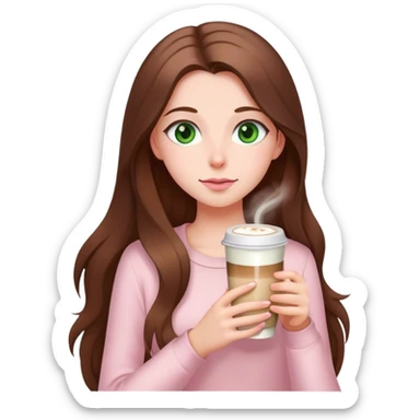 girl with very long brown hair and green eyes and light pink outfit drinking a latte sticker