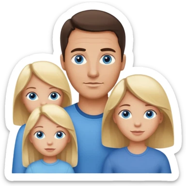 Family portrait with father with dark brown hair and blue eyes, mother with light brown hair and blue eyes, three blonde little girls with blue eyes sticker