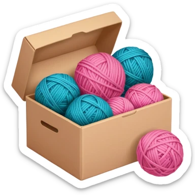 paper box with toys, ball of yarn, pink sticker