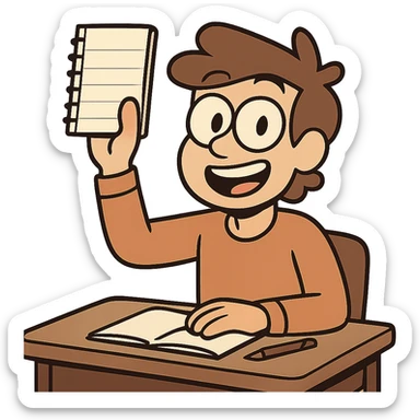 cartoon character at a desk, smiling and holding up a notebook, symbolizing class participation, friendly and inviting style sticker