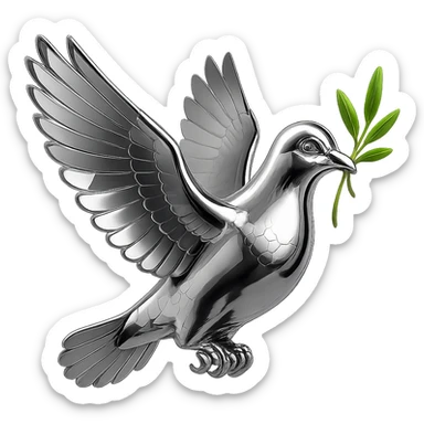 Make the branch in the pigeon's beak green while keeping the rest of the image in chrome style, no background. sticker