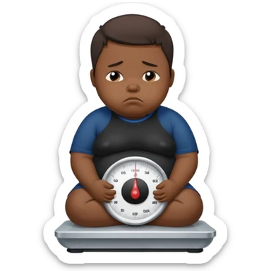 sad fat young boy in black t shirt on weight scale crying because sadness sticker