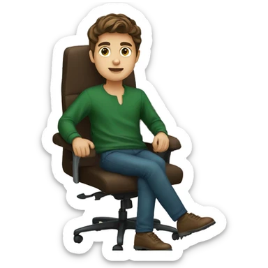 brown hair boy with dark green oversize shirt sitting in office chair sticker