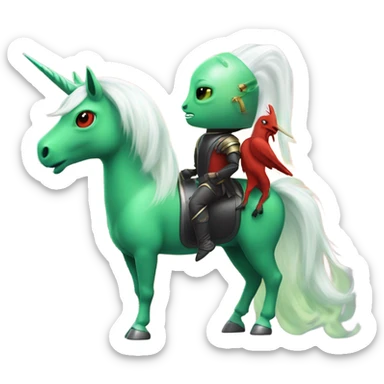 four-legged green unicorn white. a red amazon alien woman, on a unicorn sticker