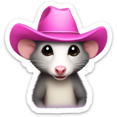 Opossum wearing a pink cowboy hat sticker