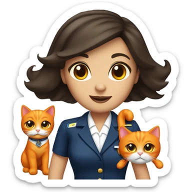 Dark hair brown eyed flight attendant with an all orange cat sticker
