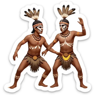 Cinematic Realistic scene of two indigenous male aboriginals performing an Aboriginal Corroboree, adorned in traditional body paint, captured in fluid motion with earthy tones and vibrant, cultural lighting sticker